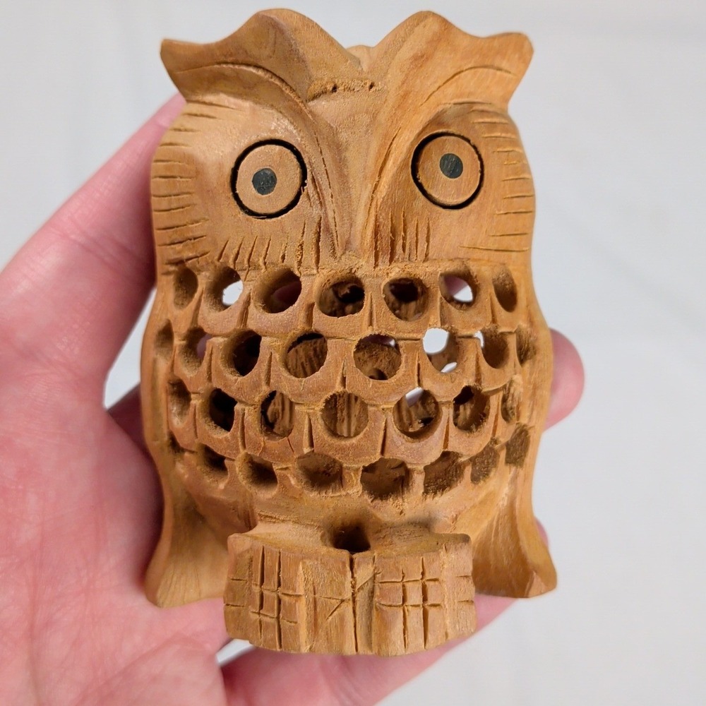 Vintage Hand Carved Wood Owl Figurine Jali Openwork Lattice 3 Inch Folk Art